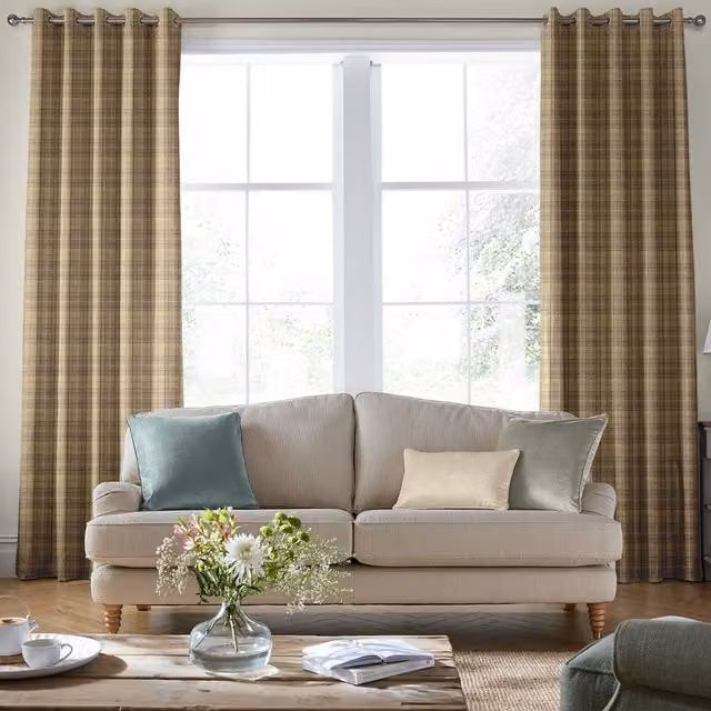 Laura Ashley Alfriston Made To Measure Blackout Eyelet Curtains in Beige Checked Fabric