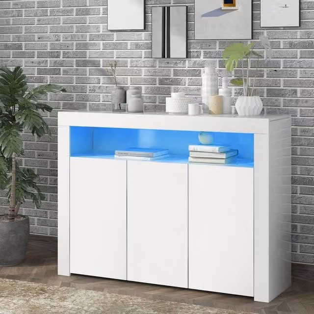 Rolipo Modern White High Gloss 3-Door LED Sideboard Storage Cabinet W: 130 cm, H: 95 cm – 1