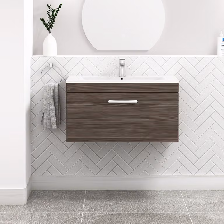 Royal Bathrooms Turin 800mm Wall Hung Vanity Sink Unit with 1 Drawer in Grey Elm