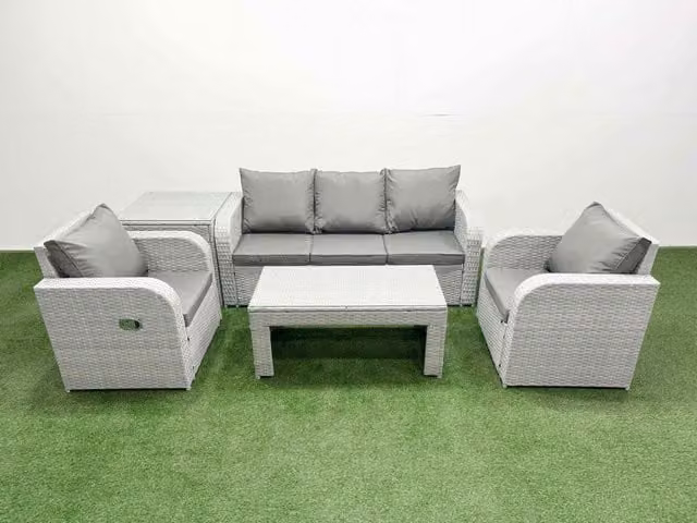 Fimous PE Rattan Garden Furniture Set in Light Grey with 3-Seater Sofa, Reclining Armchairs, Coffee Table and Side Table