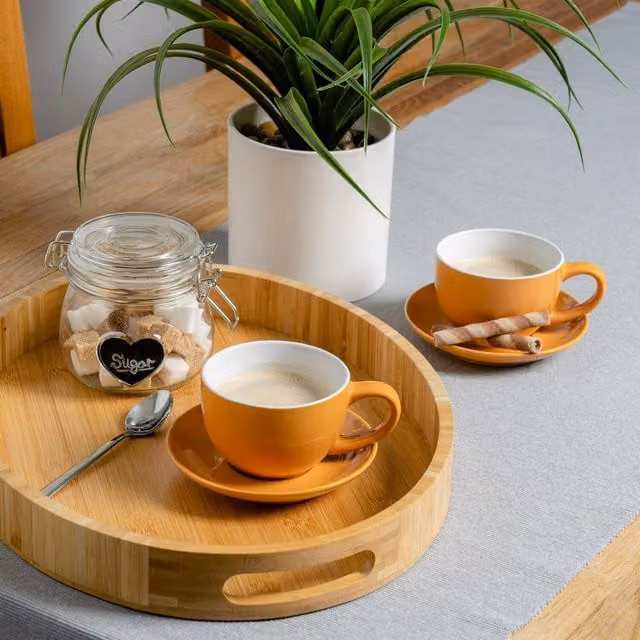 Argon Tableware 12 Piece Porcelain Cappuccino Cup and Saucer Set in Yellow and Orange, 250ml