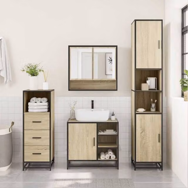 Berkfield Home 3 Piece Industrial Bathroom Furniture Set in Beige with Mirror Cabinet, Vanity Unit and Tall Cabinet