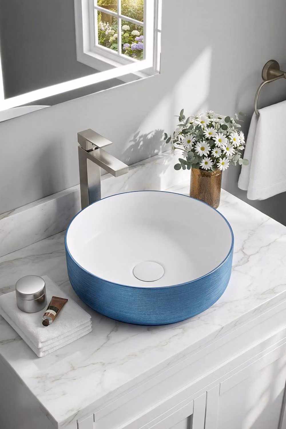 Living and Home Round Ceramic Countertop Vessel Washbasin Sink in Blue, W/D/H: 36.0 x 36.0 x 12.5 cm – 2
