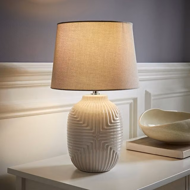 Harrison Medium Geo Ribbed Gloss Ceramic Table Lamp with Tapered Shade and LED Bulb in Grey