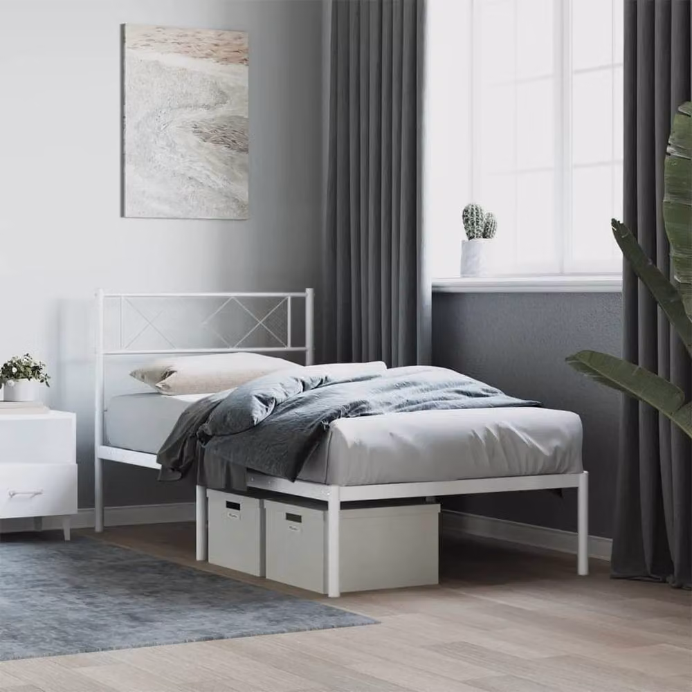 Berkfield Home Metal Bed Frame with Headboard in White, W/D/H: 90 x 190 cm – 2