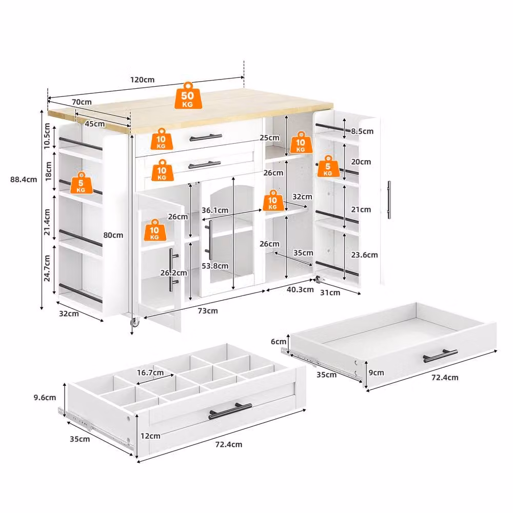 Rolipo Mobile Kitchen Island with Foldable Worktop and Spice Rack in White – 2