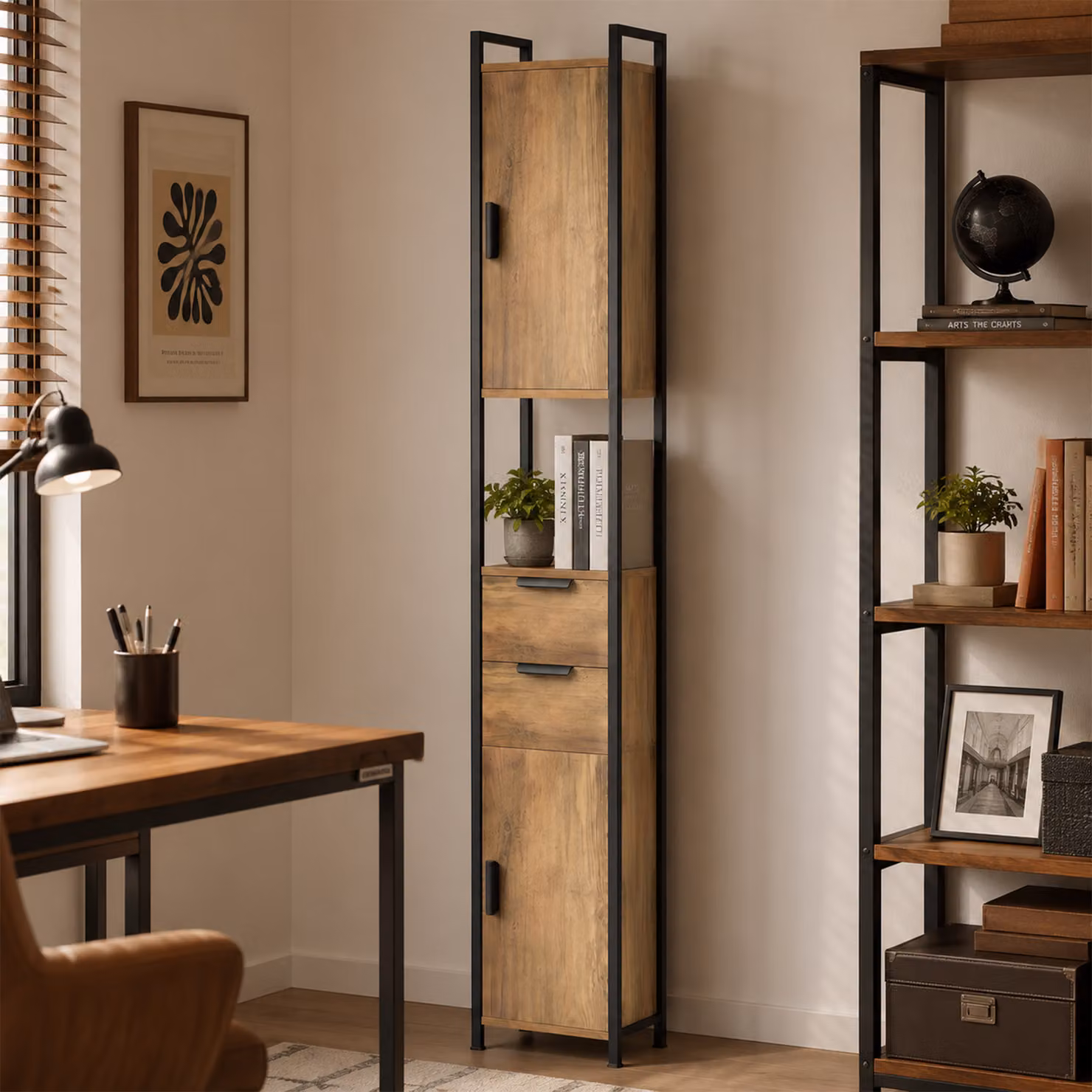 HOMCOM Freestanding Brown and Black Industrial Bathroom Storage Cabinet with Soft-Close Doors, Internal Drawers and Shelves, H 180 x W 25 x D 25 cm – 6
