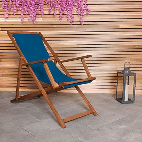 Charles Bentley FSC Acacia Wood Deck Chair in Petrol Blue with 3 Reclining Positions, W/D/H: 107 x 94 x 61 cm – 2