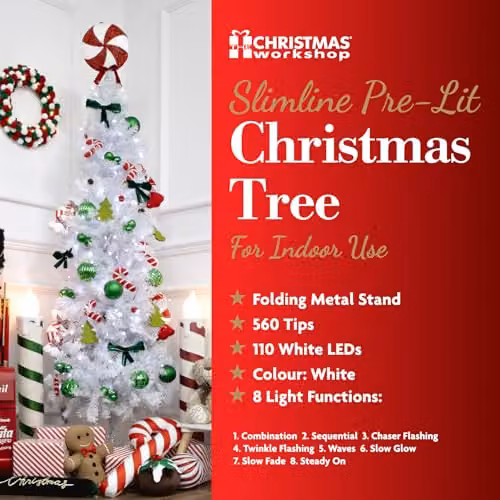 The Christmas Workshop 6ft Slimline White Artificial Christmas Tree with Metal Stand – 6