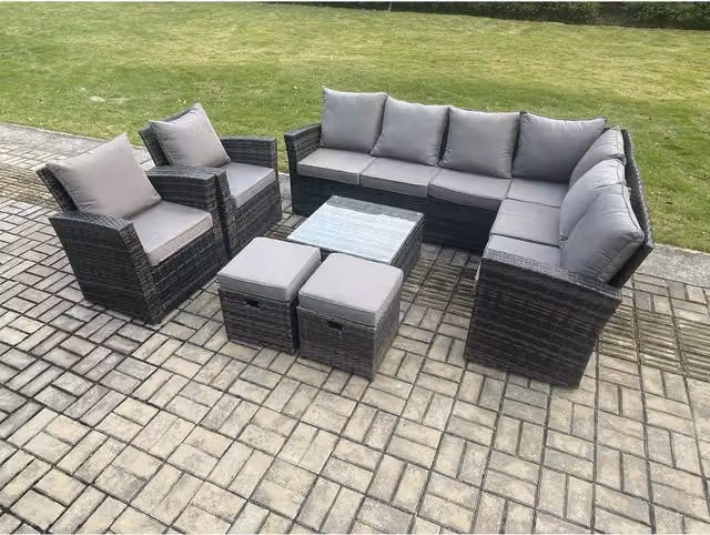 Fimous 10-Seat Dark Grey Mixed Rattan L-Shape Corner Sofa Set with Coffee Table, 2 Armchairs and 2 Ottomans