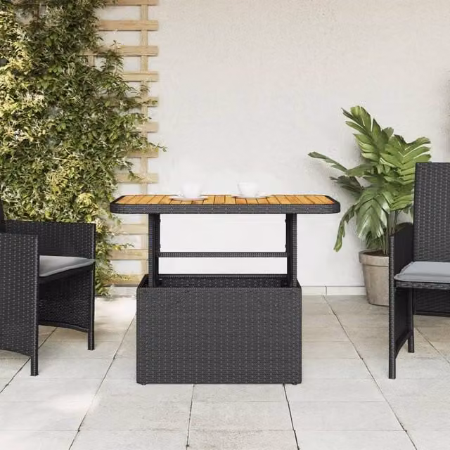Berkfield Home Black Poly Rattan and Acacia Wood Rectangular Garden Table, W: 90 cm, D: 55 cm, H: 71 cm