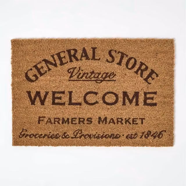 Homescapes Vintage Graphic Rectangular Coir and PVC Doormat, Black, Yellow and Brown, W/D/H: 60 x 40 x 1.7 cm