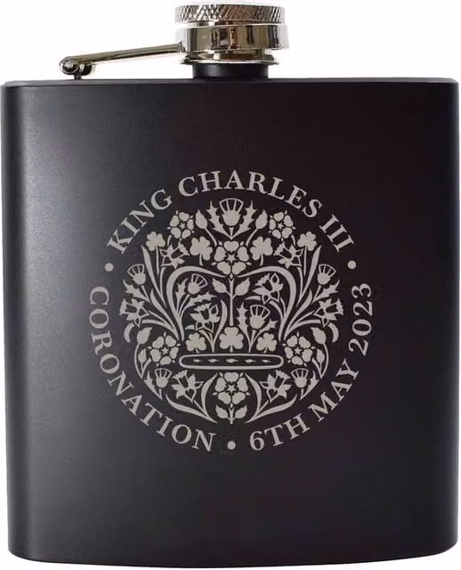 Uniqueful Personalised Commemorative Coronation of the King Black Stainless Steel Hip Flask