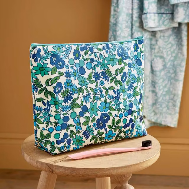 Land & Shore Bramble Floral Cotton Bathroom Wash Bag in Green, Blue and Multicolour