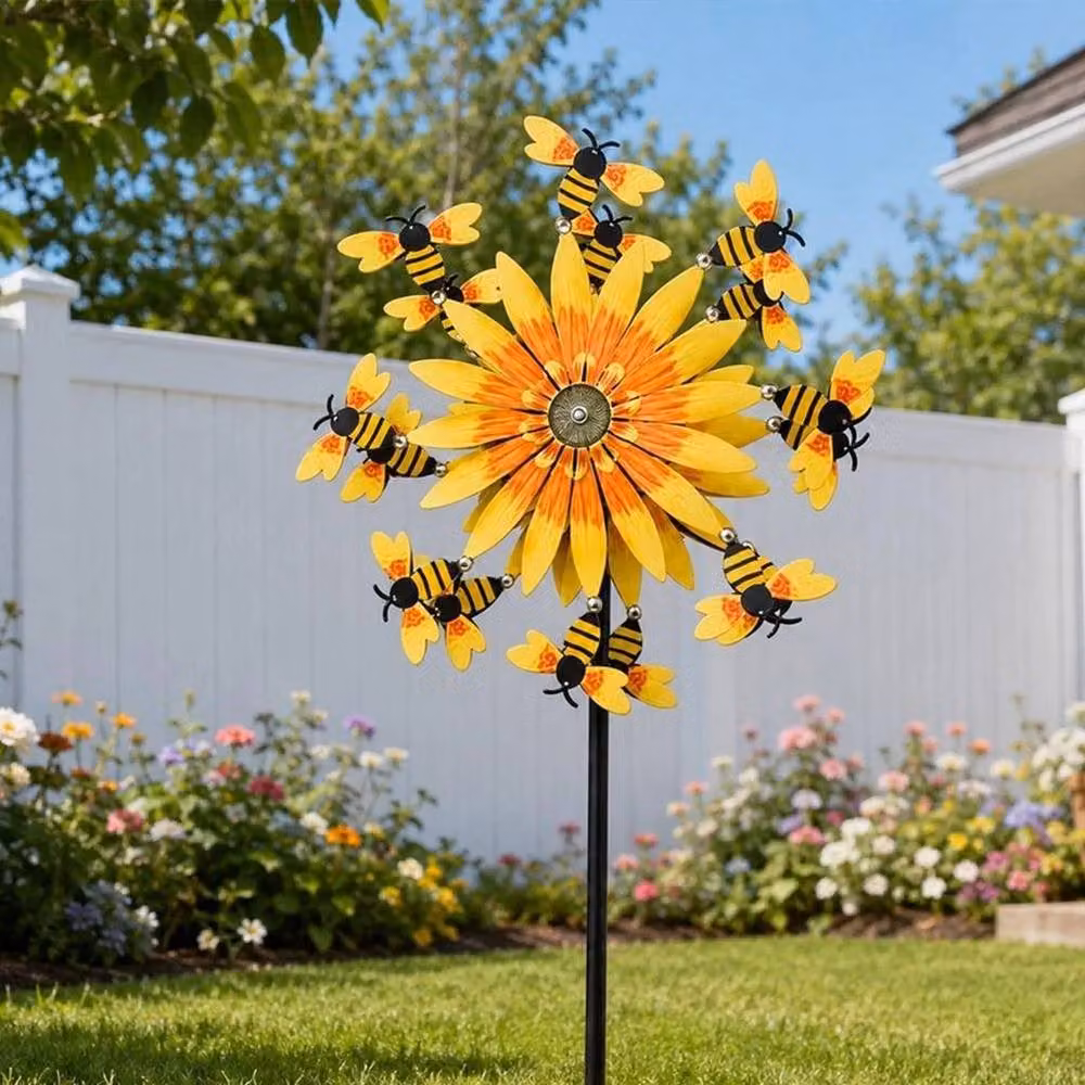 FLAVORA Bee and Sunflower Metal Garden Spinner with Spike in Yellow – 4