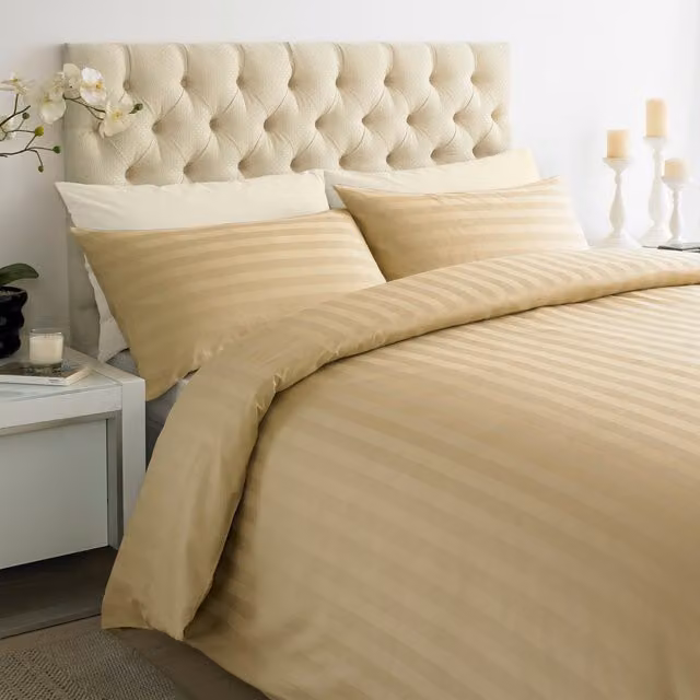 Roseley Beige Striped Mako Satin Cotton Duvet Cover and Pillowcase Set, 180 x 200 cm
