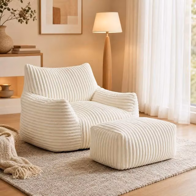STILVORA Bean Bag Chair with Footrest in White Corduroy with Shredded Memory Foam Filling – 1