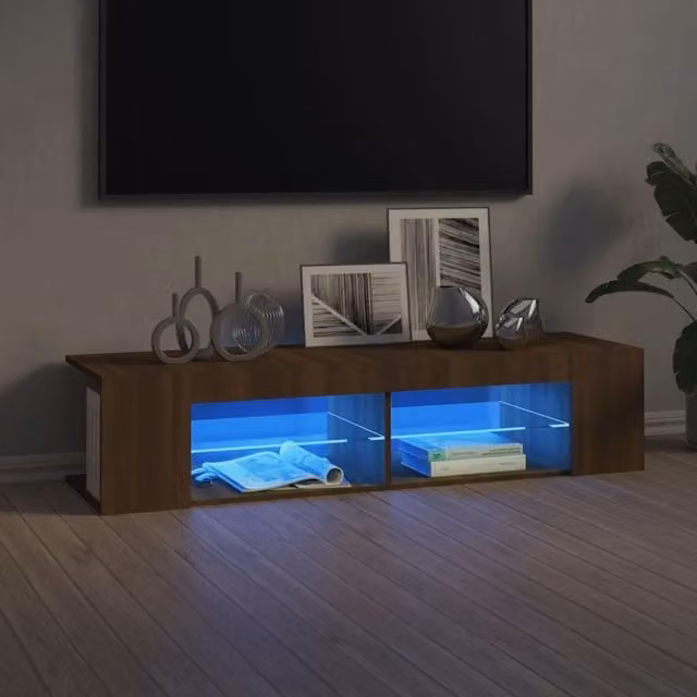Berkfield Home Modern TV Cabinet with LED Lights in Brown Oak, W/D/H: 135 x 39 x 30 cm – 1