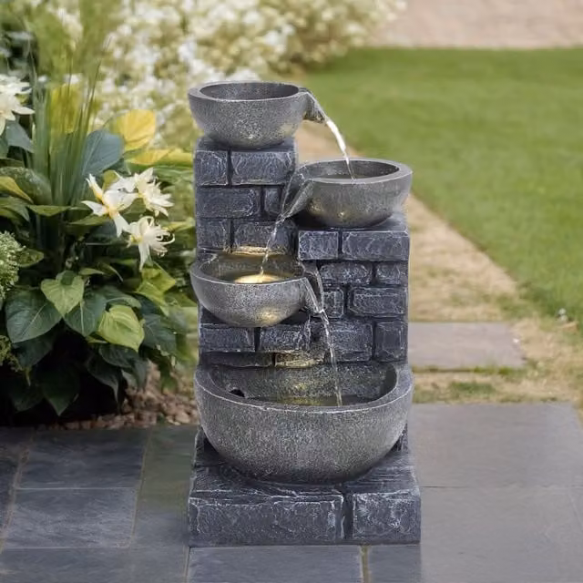 Breeins Grey Solar Cascading Multi Tier Resin Water Feature with LED Lighting