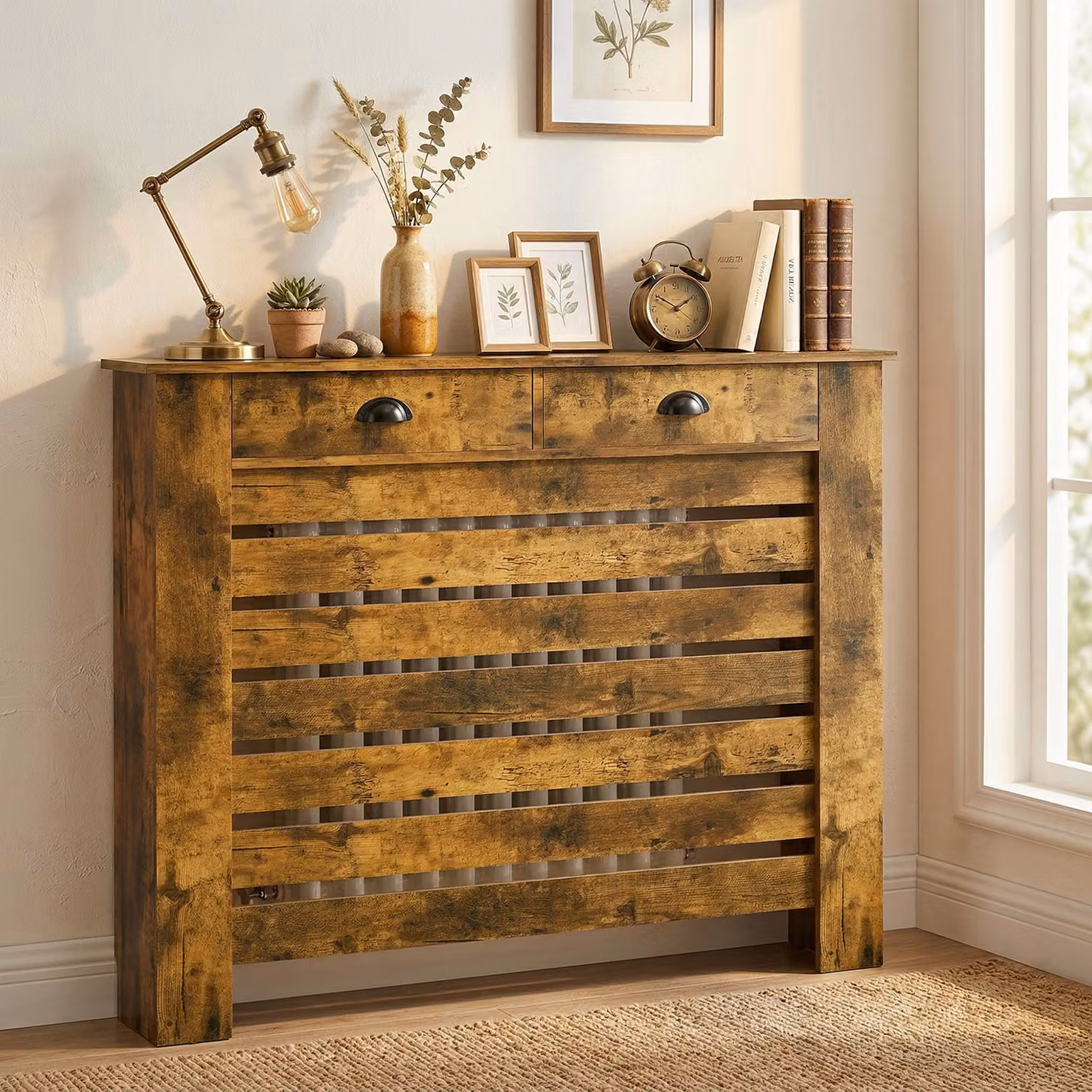 HOMCOM Radiator Cover with Drawer, Rustic Brown, H 95.5 x W 111 cm – 2