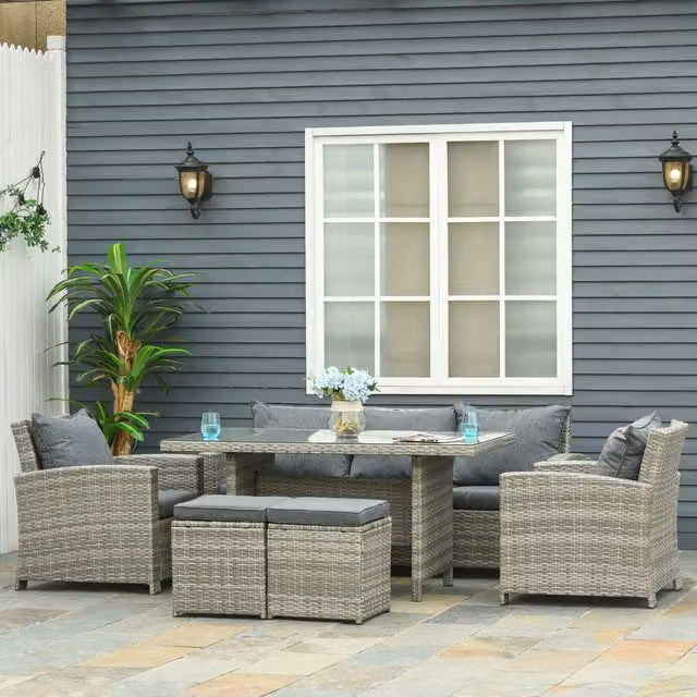 Outsunny 6 Piece Rattan Dining Set with Sofa and Table in Grey