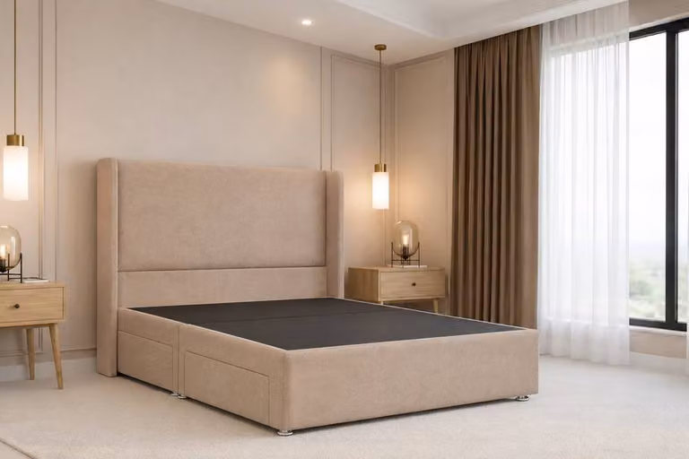 Chester & Oakley Velora Plush Divan Bed Base with Winged Headboard, Stone/Beige, W/D/H: 140 x 200 cm