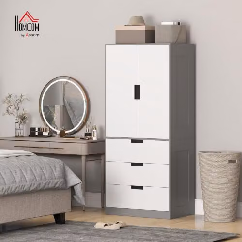 HOMCOM Modern 2 Door Wardrobe with 3 Integrated Drawers and Soft Close Doors, Grey, W/D/H: 80 x 50 x 180 cm – 2