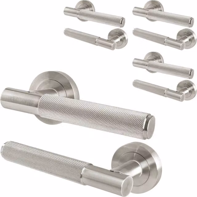AFIT Satin Nickel Knurled Internal Lever Door Handles with Round Rose, 4 Pairs, Silver – 1
