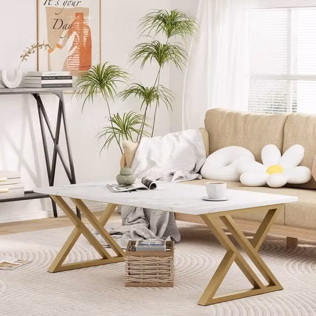 Huhote Rectangular Coffee Table with White Glossy Composite Top and Metal X-Frame