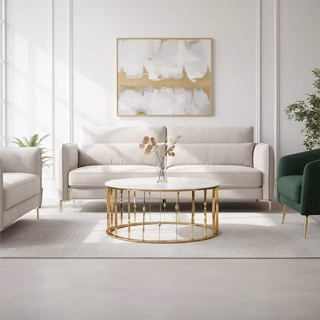 Fifty Five South Arezzo Round Coffee Table with White Glass Top and Gold Metal Frame
