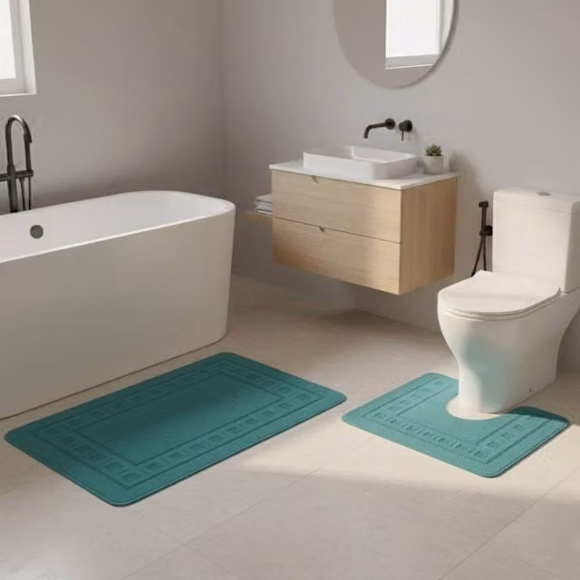 Snug City 2 Piece Box Design Bath Mat Set in Petrol Blue, Non-Slip and Quick-Drying, W: 50 cm x L: 80 cm