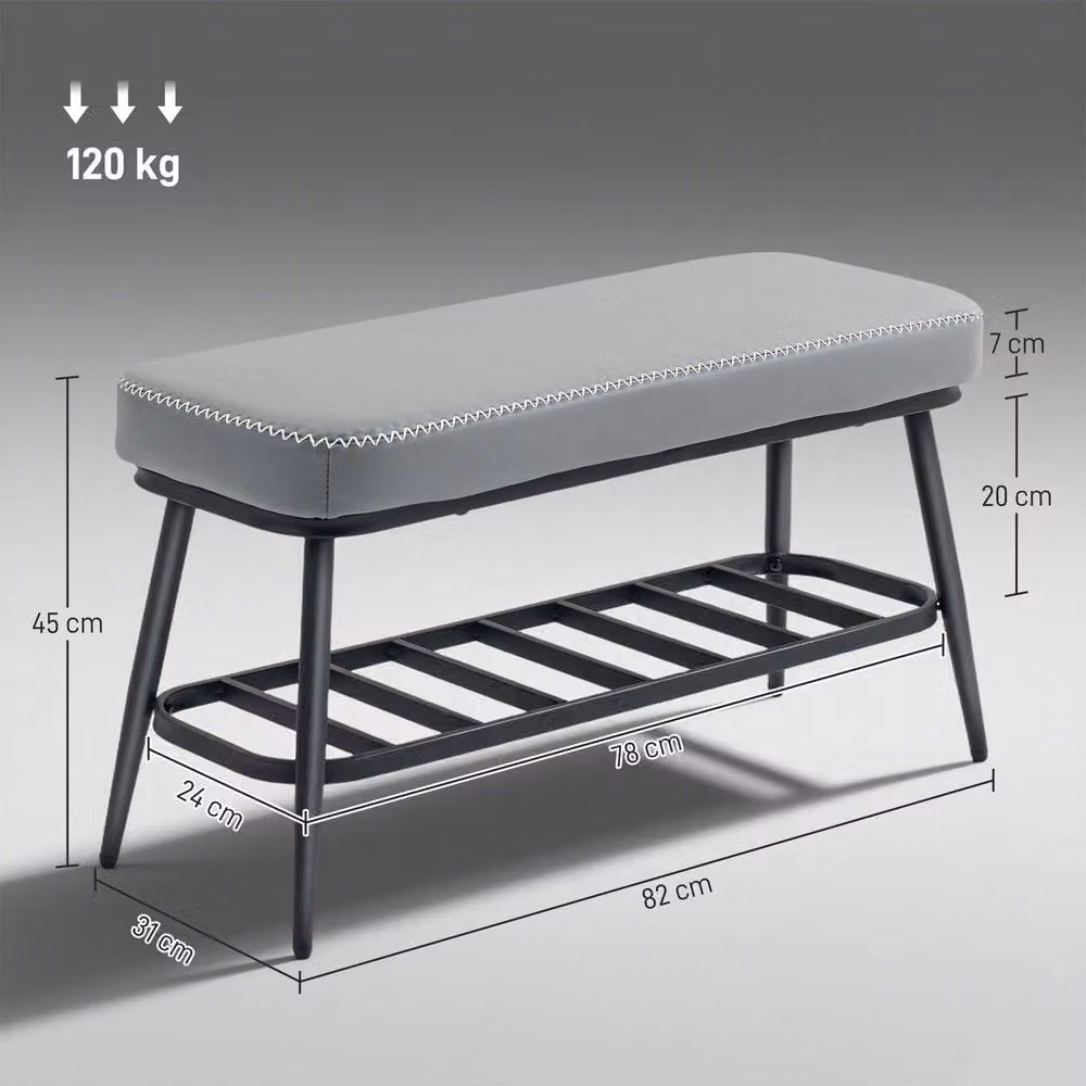 STILVORA Shoe Storage Bench with Shelf in Grey PU Leather, W/D/H: 120 x 45 x 82 cm – 2
