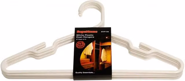 SupaHome Plastic Coat Hangers with Bar, White, Pack of 5