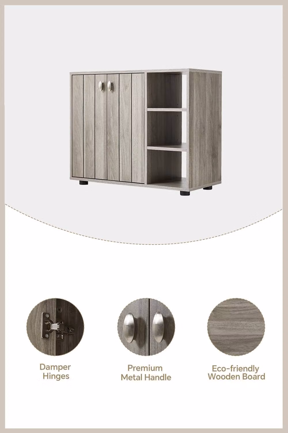 Living and Home Grey Wooden Multifunctional Shoe Cabinet with Open Shelves and Soft Close Doors – 2