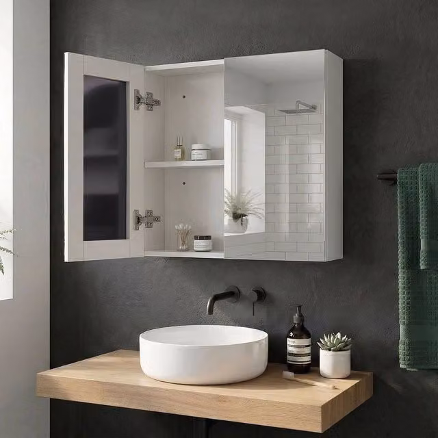 Wyld and Coco White Plywood Wall Mounted Mirror Cabinet with 2 Soft Close Glass Doors and Internal Shelves, W/D/H: 60 x 60 x 60 cm