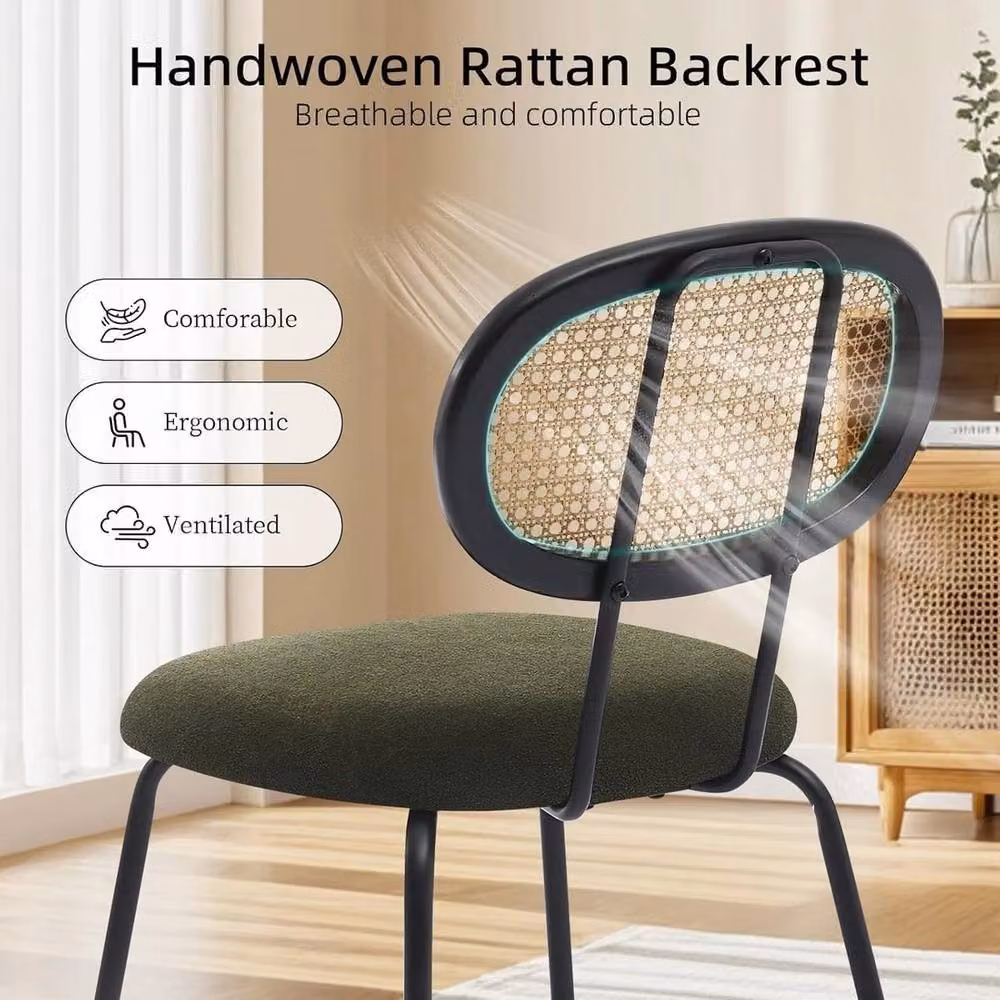 VOGREX Set of 2 Mid-Century Dining Chairs with Rattan and Green Fabric – 3
