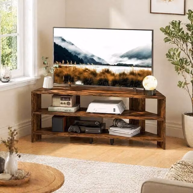 STILVORA Modern Corner TV Stand in Dark Brown with 2 Open Shelves for 47 Inch TVs – 1