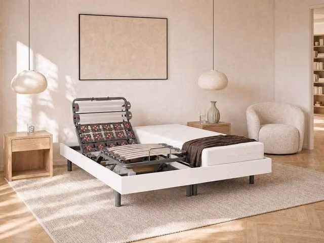 Vente-unique Electric Slatted Bed Base with White Wood Decorative Pads, Single Size