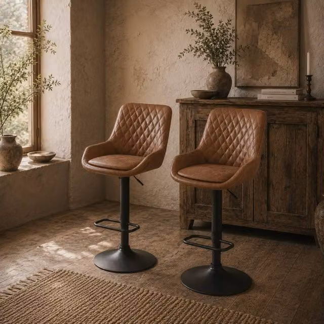 Wyld Haus Set of 2 Retro Gas Lift Bar Stools in Tan Faux Leather with 360 Degree Swivel