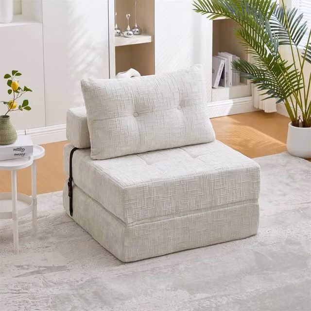 Direct Wicker Light Beige Chenille Tufted Folding Sofa Bed with Pillow and Back Support – 1
