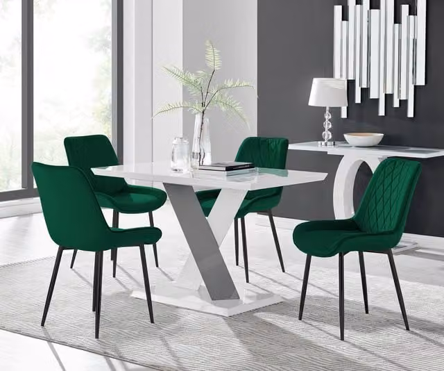 Furniturebox Monza White High Gloss Rectangular Dining Table with 4 Green Pesaro Black Leg Chairs