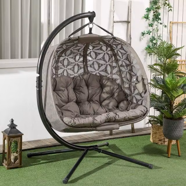 Outsunny Double Cushioned Hanging Swing Chair in Sand and Brown