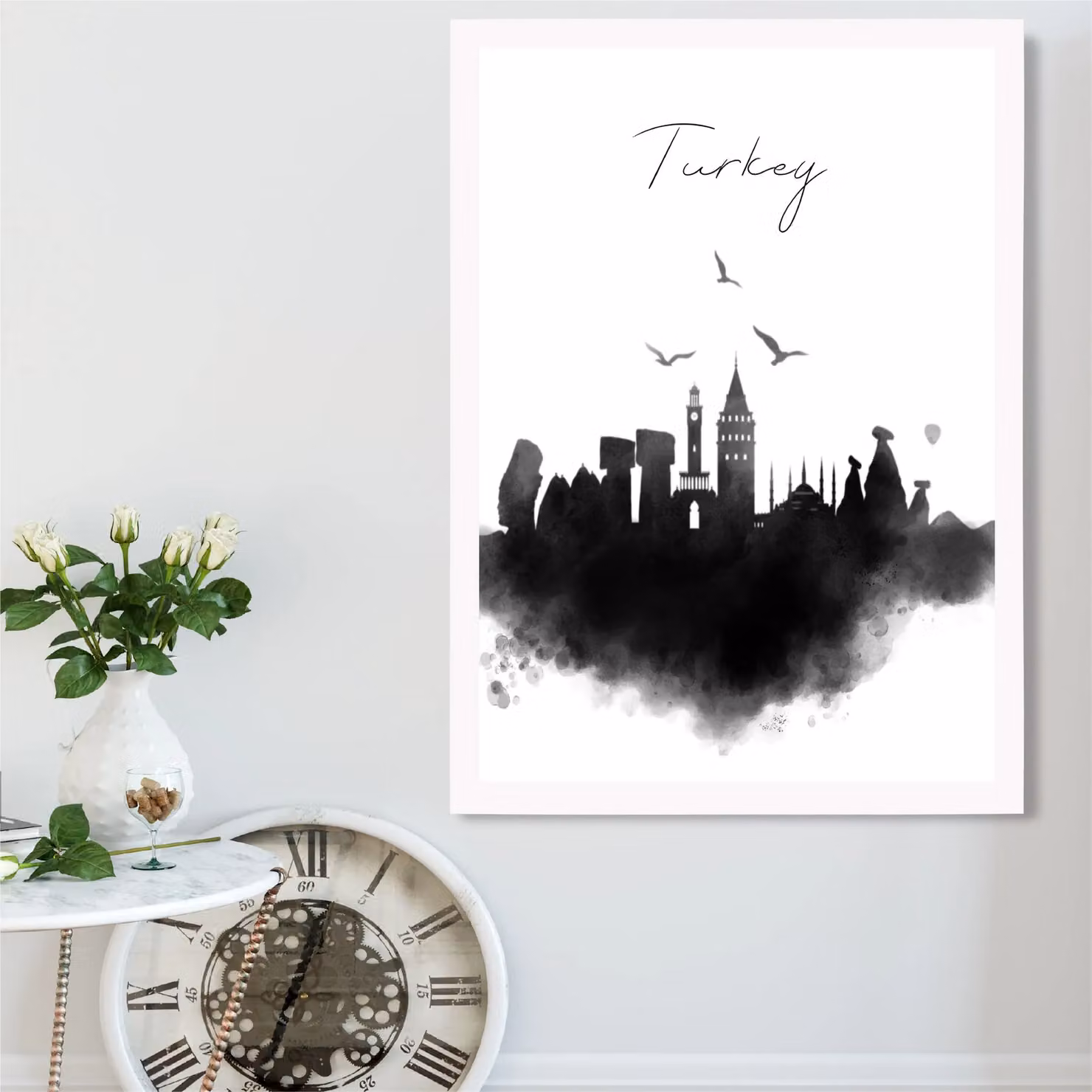 ARTZE Turkey Watercolour Skyline City Framed Print, Black and White, A3 – 2