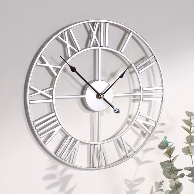 OHS Silver Metal Industrial Round Roman Numerals Skeleton Wall Clock