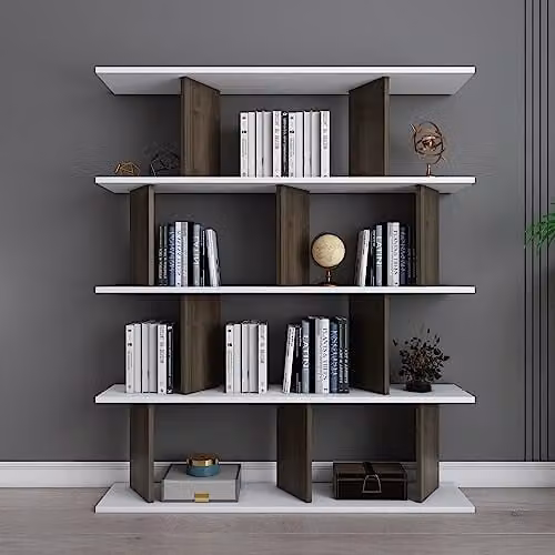 DECOROTIKA Grace 5-tier Bookcase Display Unit, White and Brown, W/D/H: 120 x 24.6 x 141 cm