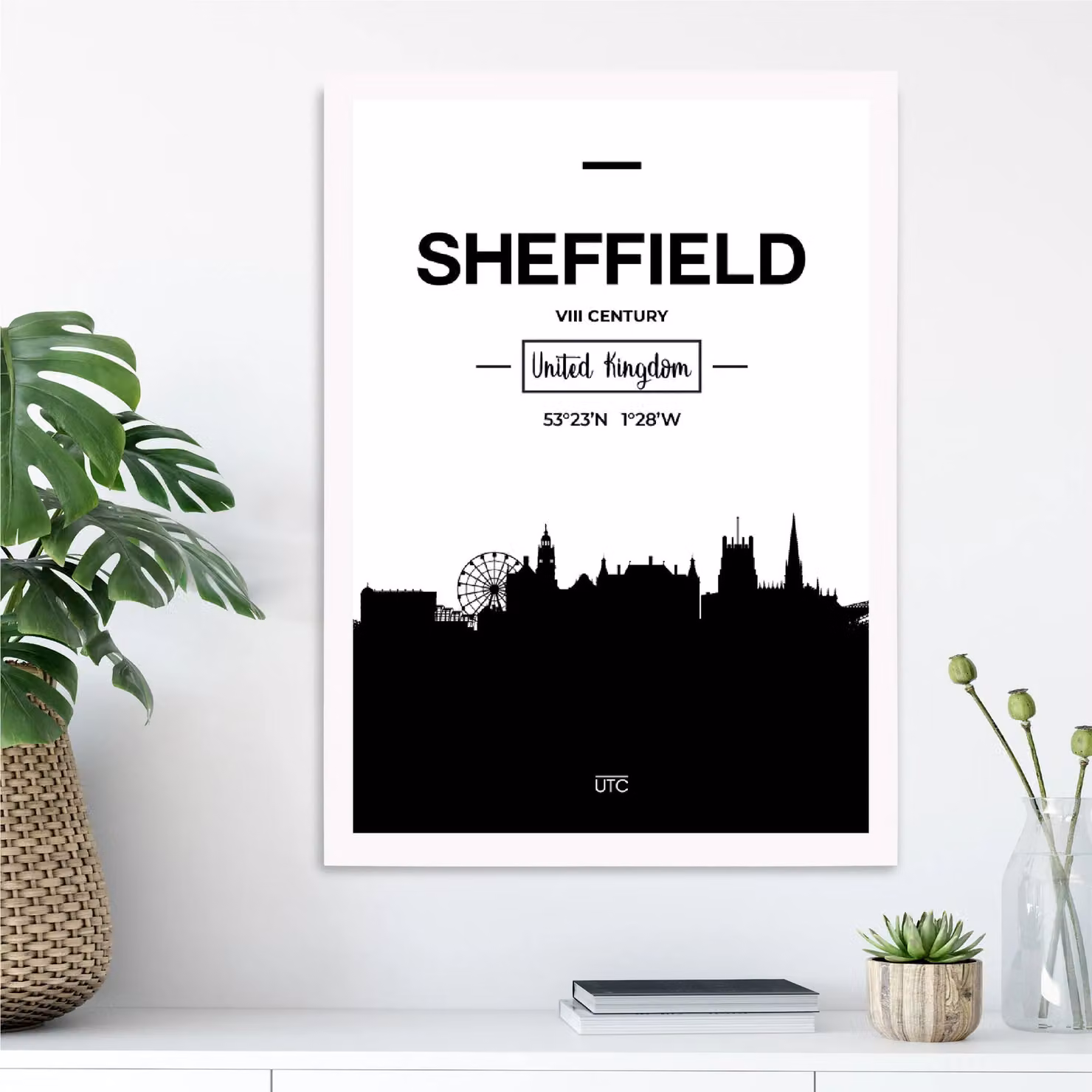 ARTZE Sheffield Black and White City Skyline Framed Paper Poster with White Frame, A3 – 2