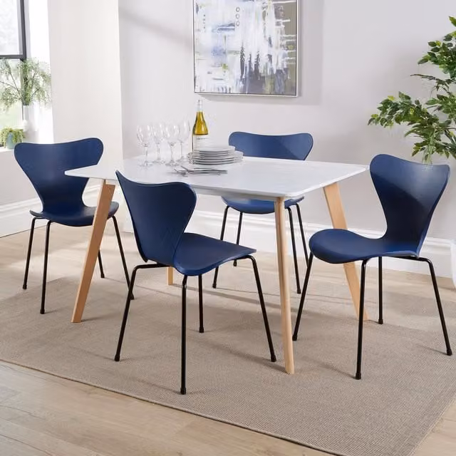 Home Source Fleur Dining Set with Rectangular White Table and 4 Navy Blue Penny Chairs