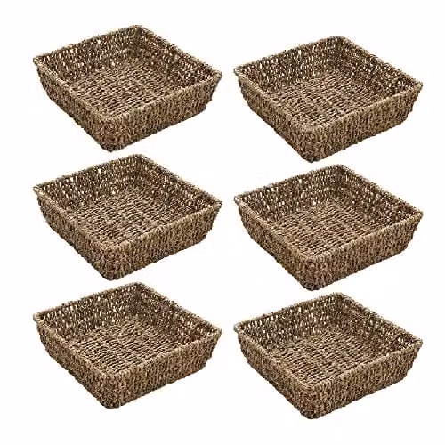 JVL Hand Woven Seagrass Square Storage Tray Set of 6 in Sand and Brown, H: 8 cm, W: 25 cm, D: 25 cm – 1
