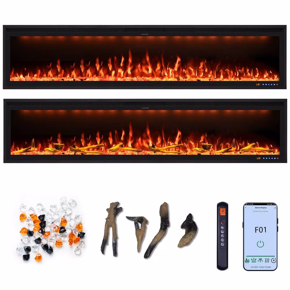 Omni-Burn Black Recessed or Wall Mounted Electric Fireplace with App Control and 13 Colours, W/D/H: 183 x 42.84 x 16.02 cm – 2