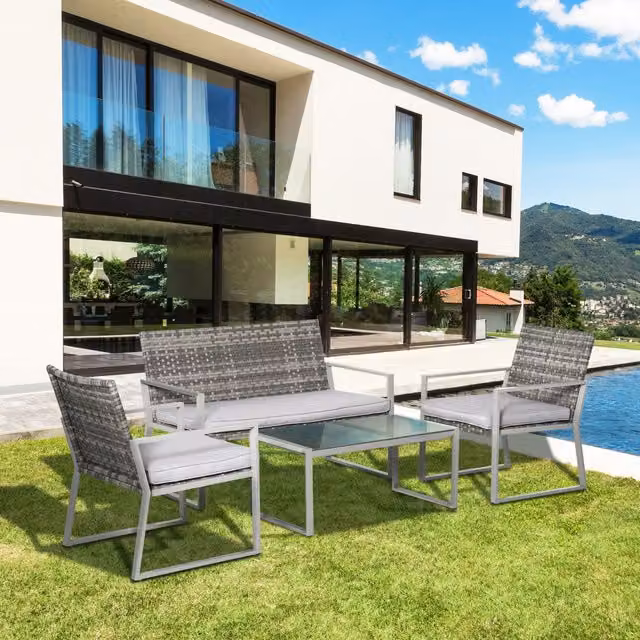 Outsunny Minimalist Rattan Garden Furniture Set in Grey and Black with Metal and Glass Details